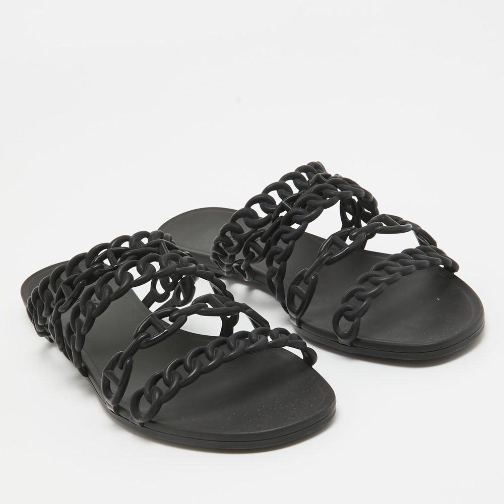 Hermes Black Sandals Woven Design Flat Slides. Chain d'Ancre Flat Slides Size 36